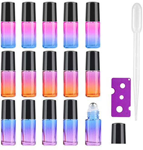15Pcs, 5Ml Essential Oil Roll on Bottles - JamHooDirect Refillable Rainbow Glass Roller Bottles with Stainless Steel Roller Balls & Black Caps & Bottle Opener, Perfect for Aromatherapy, Fragrance