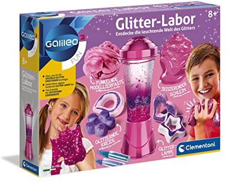 Clementoni Galileo Fun – Glitter-Labor, Basteln & Experimentieren mit Glitzer, Kreide/Schleim/Modellierpaste/Lavalampe zum Selbermachen & Dekorieren für Kinder ab 8 Jahren von Clementoni 59224