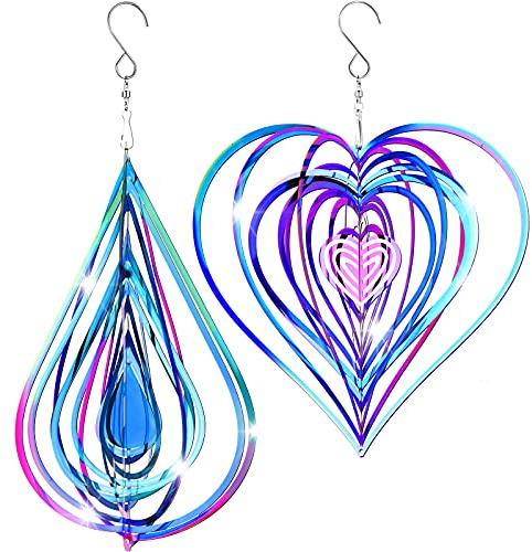 2 Pieces Heart Wind Spinner Outdoor Metal 3D Hanging Flowing Stainless Steel Mirrored Patio Wind Chime Decor for Yard Garden Balcony Women (Colorful)