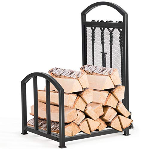 TANGZON Fireplace Log Holder with 4 Tools, Heavy Duty Metal Firewood Rack, Indoor Outdoor Log Storage Stacking Stand for Fireside Garden Patio
