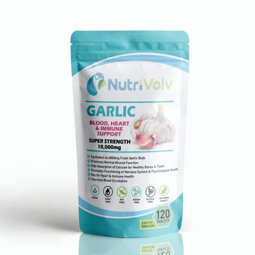 Garlic 10000mg High Strength Supplements Nutrition for Blood Pressure Support, Improved Heart Health, and Robust Immune System — Pack of 120 Healthcare Tablets