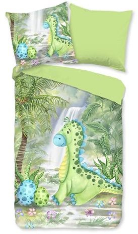 Traumschloss Renforcé Bettwäsche »Dani«, grüner Dino, 135x200 & 80x80, 100% Baumwolle, atmungsaktiv & weich, Kinderbettwäsche-Set mit Reißverschluss bestehend aus Kissen und Bettbezug