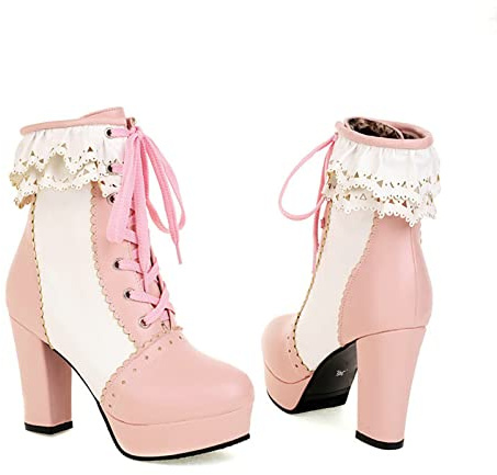 Frauen Schnürung Block Heel Knöchelstiefel Plattform High Heel Knight Stiefel süße Spitzen Lolita Cosplay -Stiefeletten,Rosa,46 EU