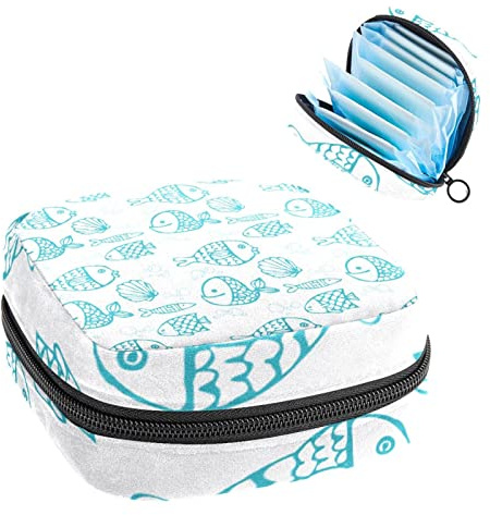 Aufbewahrungstasche für Damenbinden, Menstruationstassen-Tasche, Perioden-Tasche, Organizer für weibliche Pads, Tampons, blaues handgezeichnetes Fischmuster, Schwimmen