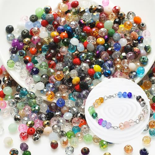 Lot de 500 Perles à Facettes en Cristal - 4 mm - Perles en Verre Transparent à Facettes - Multicolore pour Bracelets, Colliers, Boucles D'oreilles, Pendentifs, Bricolage