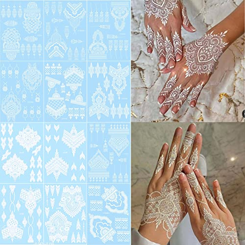 XMASIR 12 Feuilles Tatouage Temporaire pour Femme Filles, Faux Tatouage Ephemere Mandala Fleur Tatouage Autocollant Indienne taouages pour Mariage Main Art (Blanc)