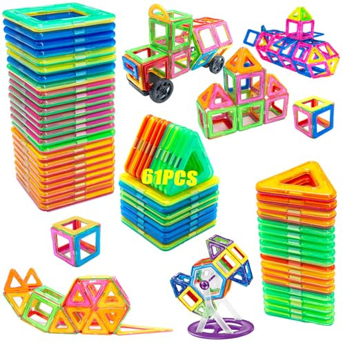 Kinyoda Magnetische Bausteine, 61 Pcs Magnetspielzeug,Magnetbausteine Set,Magnet Spielzeug,Magnet Spielzeug Kinder DIY,Magnetspiele für Geschenk ab 3 Jahre Junge,Mädchen Bauklötze Kinderspielzeug