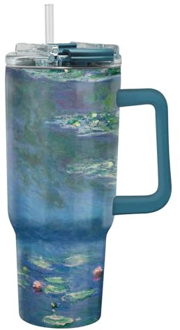 RainCaper Isolierter Wasserbecher aus 18/8 Edelstahl mit Strohhalm, BPA-frei, doppelwandig für heiß und kalt, reisefreundlich, Getränkehalter bereit (Monet Seerosen)