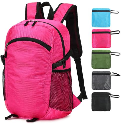 SFIUYDS Kleiner Wanderrucksack, 15 l, leicht, zum Wandern, verstaubar, Tagesrucksack, wasserabweisend, faltbar, für Damen und Herren, Camping (Rosa)