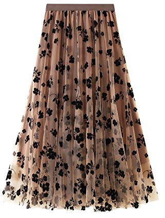 Achlibe Women Floral Print Mesh Midi Skirt Flowy High Waist Tulle Tutu Skirt Layered Fairy A-Line Long Skirt (A-Khaki, L)