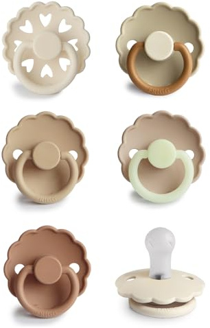 FRIGG Multipack Silikon-Schnuller | 6'er Packung | Hergestellt in Dänemark | Symmetrischer Sauger in Kirschform | (Cinnamon Charm, Größe 1 (0-6 Monate))