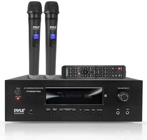 Pyle Verstärker, AV Receiver, HiFi Verstärker, Bluetooth Verstärker, Stereo Verstärker- 1000W 5.2 Kanäle mit 2 UHF Kabellosen Mikrofonen, Amplifier, MP3/USB/HDMI/AM/FM Radio, für Heimkino & Karaoke