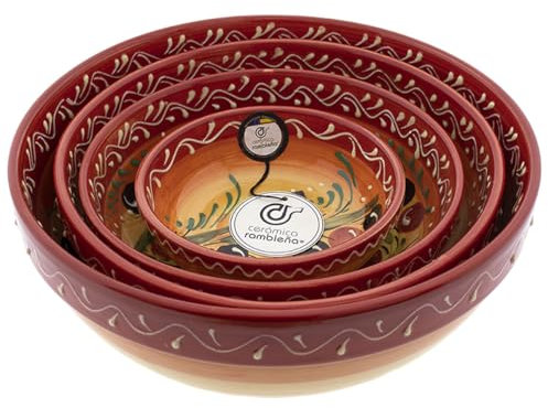 CERÁMICA RAMBLEÑA | Ensaladera cerámica | Ensaladeras originales | Conjunto x4 Ensaladeras decoración Aceitunas - Modelo 12 | Decoración 100% hecho a mano