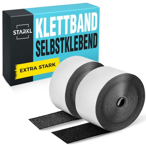 STARKL Klettband Selbstklebend Extra Stark, 3 m × 50 mm, Schwarz | Industrieklebstoff in Profiqualität, werkzeuglose Montage, extra starkes geruchloses Selbstklebeband, Premiumqualität