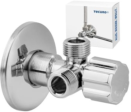 Tecuro | Valvola angolare a doppio angolo con rosetta a spinta Ø 56 mm, attacco a parete 1/2 pollici (DN 15), due uscite 3/8 pollici, ottone cromato | D441094