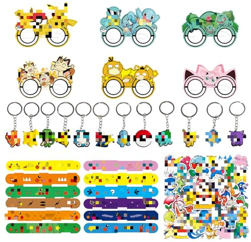 Yisscen 86 Stück Cartoon Party Mitgebsel Set, 12 Slap Armbänder + 12 Anime Schlüsselanhänger + 12 Party Papierbrillen + 50 Kinder Aufkleber, Kinder Geburtstag Party Geschenk Für Mädchen Jungen
