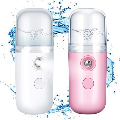 IGEAIIE 2 Pcs Nano Face Mister 30ml Portable Mini Face Mist Sprayer, USB Rechargeable Facial Steamer, Handy Atomizer for Skin Care, Hydration, Makeup, Eyelash Extensions, and Travel (Pink, White)