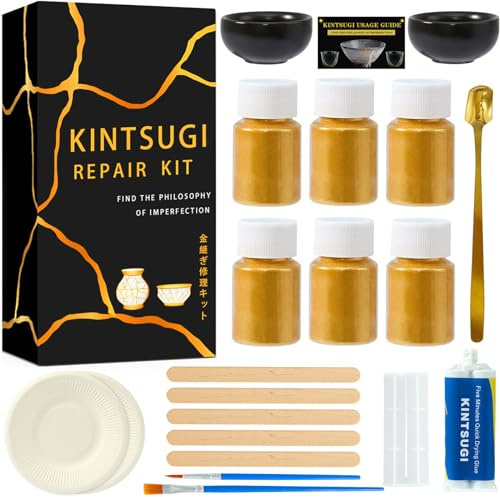 deuvuo Kintsugi Repair Kit, Real Gold Japanese Kintsugi Kit to Revive Your Broken Ceramic, Pottery, Mug, Bowl, Glass, Clay, Wood, Keepsakes with Ease - Kintsugi Repair Set for Beginners, DIY