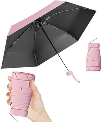 Thryviel Mini Paraguas Plegable, Paraguas Pequeño, Protección Solar UPF 50+ y UV, Sombrilla de Mano Ultra Ligera y Antiviento para Sol y Lluvia, Paraguas de Viaje Compacto (#05 Rosa claro)