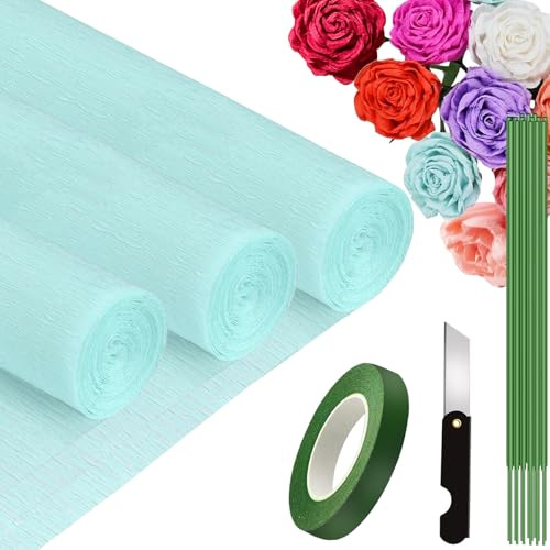 3 Rollen Krepppapier Azurblau 25x250cm, Crepe Papier für Handwerke, Krepppapier für Geburtstag, Hochzeiten, Valentinstag-Dekorationen (Azurblau)