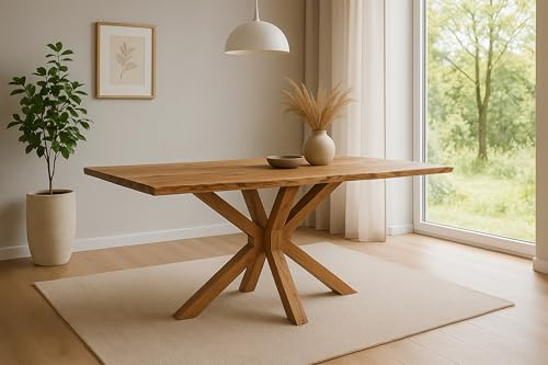 SAM Esstisch Prag | 160 x 85 cm | Akazienholz massiv | Farbe: Natur | echte Baumkante | Spider-Gestell Holz | pflegeleichter Esszimmertisch/Baumkantentisch/Küchentisch