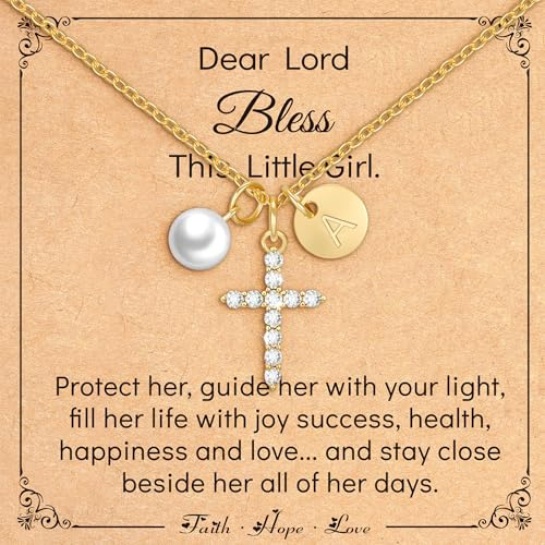 14K Gold Plated Initial Pearl Cross Necklace for Girls Christian Gifts | Letter A-Z Necklace First Communion Baptism Confirmation Pendant Little Girls Religious Gifts for Teenage Daughter Friend