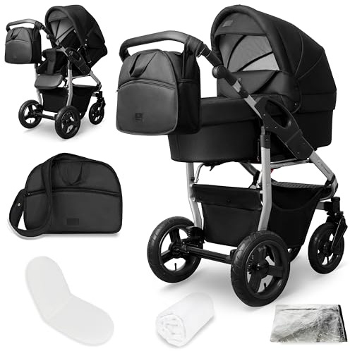 Kombikinderwagen Capri 2-in-1 Babywanne Sportsitz faltbar | Komfortabler Kinderwagen ab Geburt bis 22 kg mit Luftreifen Federung verstellbarem Griff Zubehör und Regenschutz