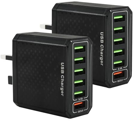 USB Plug Charger, 6-Port USB Fast Charger Plug with 18W Intelligent Quick Charge 3.0 Wall Charger, Multi Power Charging Adapter UK Fast Charging (Black, 2pcs)
