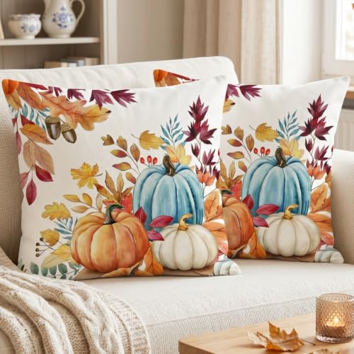 Luzzxfa Blau Herbst Kürbisse Kissenbezug 40x40 cm 2er Set Orange Ahornblatt Kissenbezüge Sofakissen Samt Kissenhülle Dekorative Kissen für Garten Parteien Wohnzimmer Bett Studie