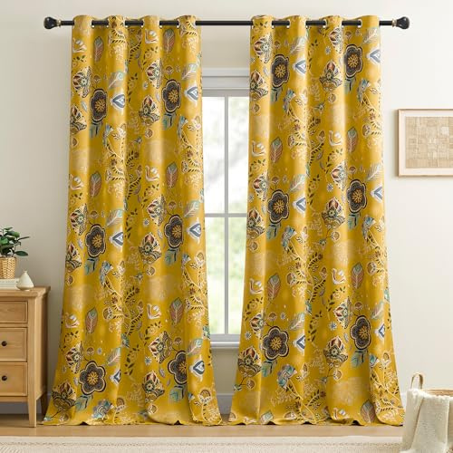 XiDi Senfgelb Verdunkelungsvorhänge fürs Schlafzimmer 228cm Länge Pflanzenprint Boho Vintage mit Thermo-Isolierung 2er Set