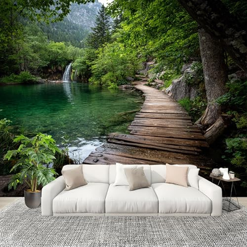 Dormitorio Papel Pintado Escena Del Puente de Madera Del Lago Pared Panorámico 400x280 cm Paisajes Naturales Fotomurales No Tejido, Póster Gigante de Pared Personalizado 3D Para Salón Fotomurales