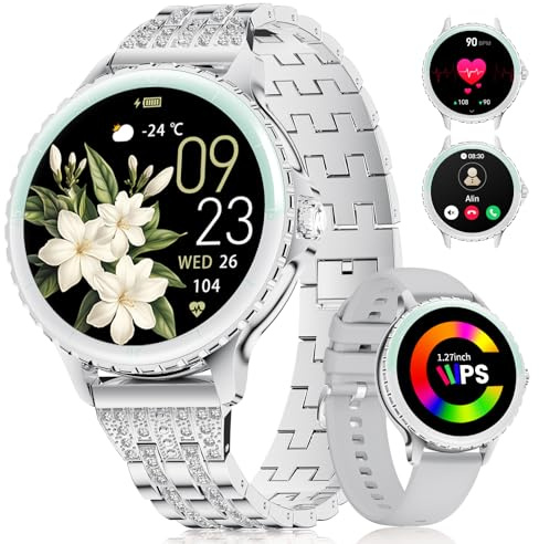 LIGE Montre connectée Femme Appels Téléphonique pour Android iOS 1,27 HD Argent Acier Inoxydable Diamant Smartwatch Ronde,Fréquence Cardiaque,Moniteur de Sommeil,Podomètre,Calories,100+ Mode Sport