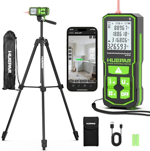 Laser Distance Measure 395 Feet with 60 Inch Tripod, Huepar Laser Distance Meter with Bluetooth & APP, Angle Sensor, 1/16in Accuracy Rechargeable Laser Measuring Tool, M/in/Ft Unit, Pythagorean Mode