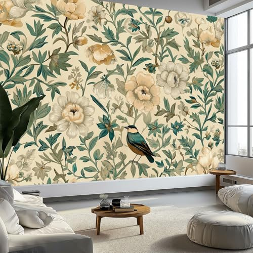 Carta da parati fotografica non tessuta Cachi, Natura Uccelli Fiori murales per camera da letto soggiorno TV corridoio salotto - 250 x 175 cm
