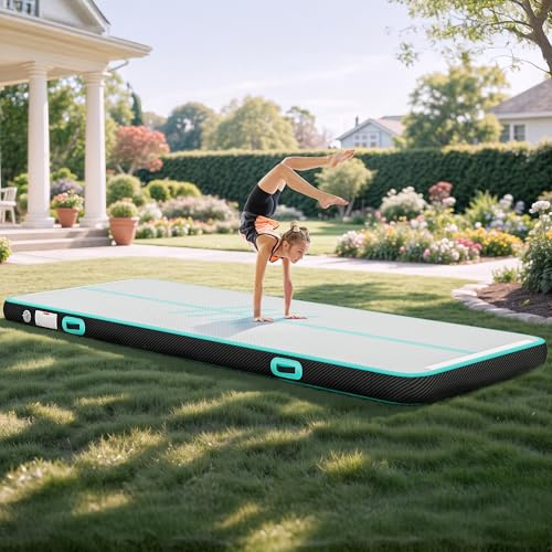 DWVO Air Turn TrackMatte, 4M Tumbling Matte Aktualisiert Kohlefaser mit Luftpumpe 10cm Hoch Tumbling Matte,Aufblasbar Gymnastikmatte Turnmatte für Training/Tumbling/Yoga/Fitness