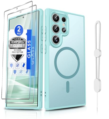 Dizn for Samsung Galaxy S24 Ultra Phone Case with 2 Glass Screen Protector & Phone Wrist Strap, Fit for MagSafe, Indestructible Protective,Matte Translucent Thin, Magnet Cover for S 24 Ultra,MintGreen