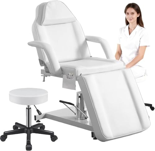 KernGut Hydraulisches Massagelieg 360°Drehbare Tattooliege Kosmetikstuhl höhenverstellbare Kosmetikliege Zubehör Removable Armrests Headrest Hocker & Bettwäsche (Weiß)