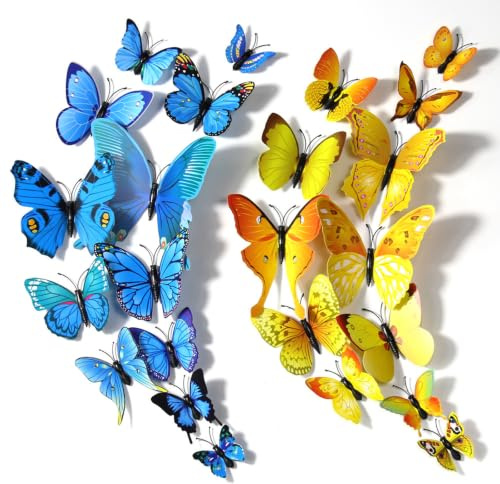 KASESSS 24 Piezas 3D Mariposa Pegatinas Pared Decorativas, Mariposas Decorativas Azules y Amarillas con Imanes y Cinta Adhesiva Doble Cara, Pared de PVC Extraíbles para Casa Dormitorio Habitación