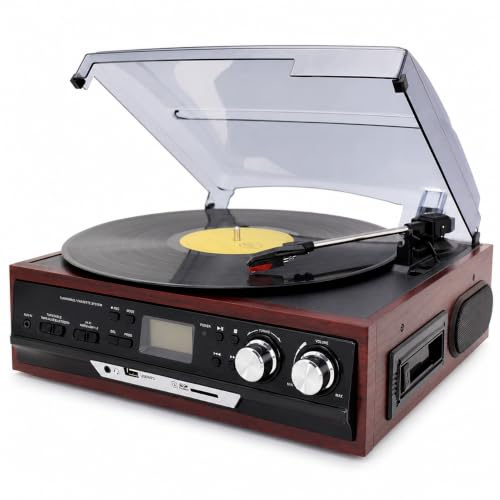 Giradischi retrò 4 in 1 con radio AM/FM, cassette e lettore CD, altoparlanti stereo doppi per la decorazione domestica