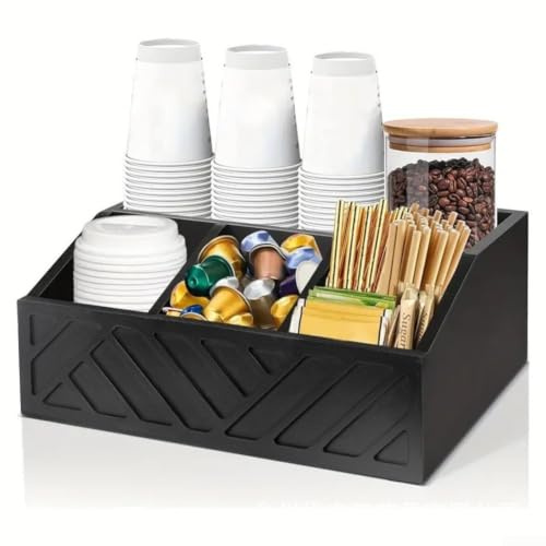 MKTOLHUS Organiseur de station de café avec 5 compartiments, support d'accessoires de bar à café en bois pour dosettes, sirops, sachets de thé, boîte de rangement pour comptoir de cuisine et bureau