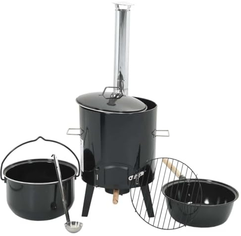 Canon à goulasch avec évacuation de fumée et couvercle en acier émaillé noir | Pour les fêtes de jardin, le camping, les festivals, avec clapet anti-feu et cendrier, facile à transporter