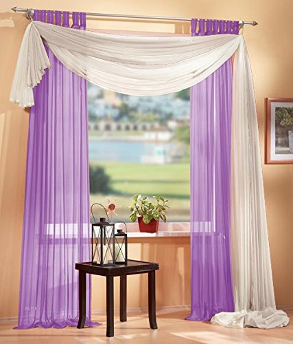 Gardinen Set, 2 x Schlaufenschal Voile, transparent, 245x140, Flieder, 1 x Voile Querbehang, Freihanddeko, 140x600, Creme, 61000560