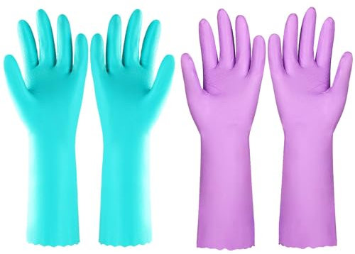 Elgood Reusable Washing up Gloves Latex Free Dishwashing Gloves with Cotton Lining, Non-Slip and Waterproof Cleaning Gloves for Kitchen 2 Pairs (Blue+Purple, M)