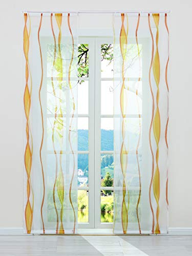 ESLIR Schiebegardinen Set 2er Flächenvorhänge mit Klettband Orange 57x145 | Schiebevorhang, Fenstergardinen, Gardinen für Schienensystem, Vorhang Transparent, Voile Schals, 2 Stück, Wellen Druck