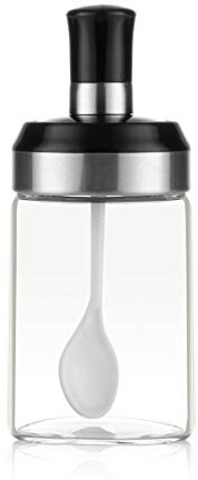 BOILING POINT Sauce Jar Sugar Container Glass Jar Combination Spoon with Lid Canisters Storing Seasoning Spices Salt Sugar for Kitchen Counter Food Storage with Decorative Sticker 9.7oz / 280ml