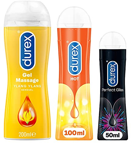 Durex 3 Stück Intim-Gleitgel – 2-in-1 Ylang Ylang Ylang 200 ml – Perfect Gliss Analschmiermittel 50 ml – Hot Gel beheizbar Stimulant 100 ml