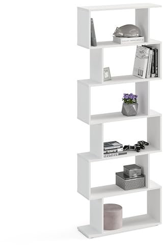 KOMTO Bücherregal Weiß - Raumteiler Regal 191x70x24 cm Standregal Holz und Hoch mit 6 Ebenen S-Förmiges Modern Hochregal Aktenregal Büroregal