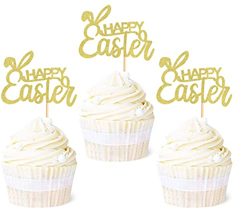 Blumomon 24Pcs Happy Easter Cupcake Toppers Gold Glitter Bunny Ear Cupcake Picks Happy Easter Theme Party Cake Decorations Supplies