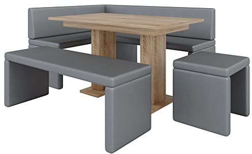 FURNISTAR Eckbank Akiko mit Tisch und Bänken - Eckbankgruppe für Ihrem Esszimmer, Küche modern, Sitzecke, Essecke. Perfekt für Küche, Büro und Rezeption. Solide Verarbeitung (Soft 29, 196x142 Links)