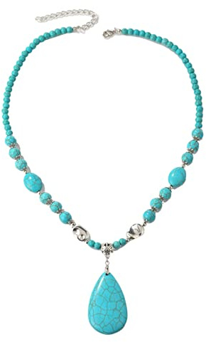 HMOOY Türkis Halskette, Vintage Böhmische Türkis Perlen Halskette Verstellbare Lange Türkis Tropfen Anhänger Halskette Western Ethnische Boho Schmuck für Damen Mädchen